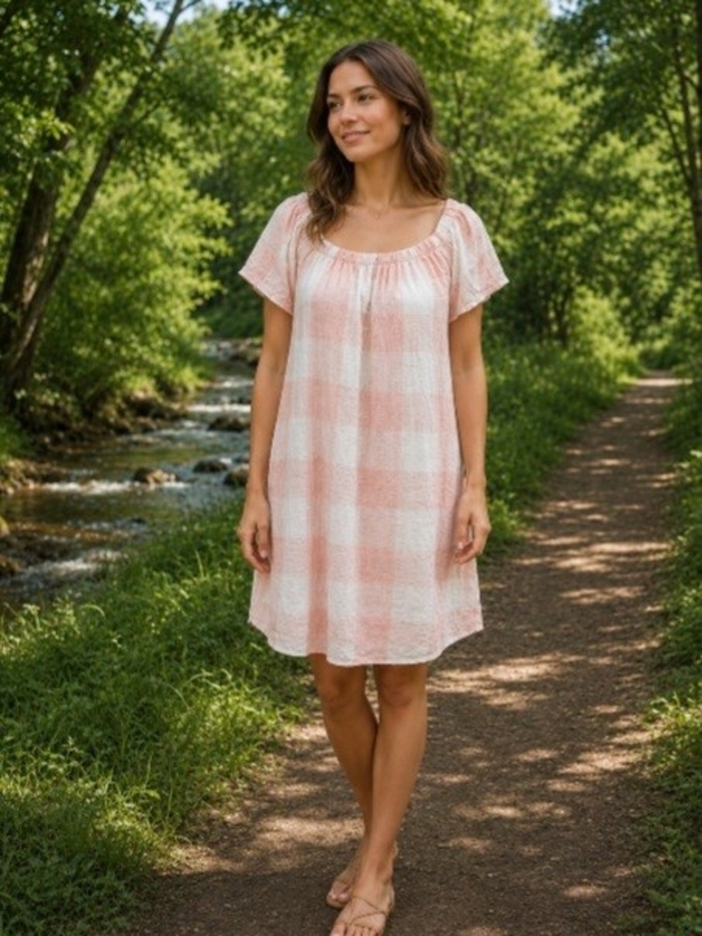 Nixon Asked Cash Pink White Buffalo Check Gauze Short Sleeve Shift Dress Large